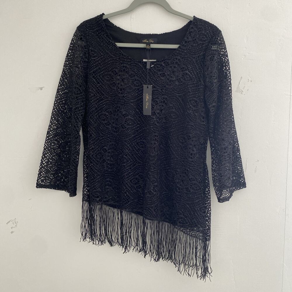 NWT Melissa Paige Top M Black Whimsigoth Goth Glitter Fringe Witchy Crochet Lace